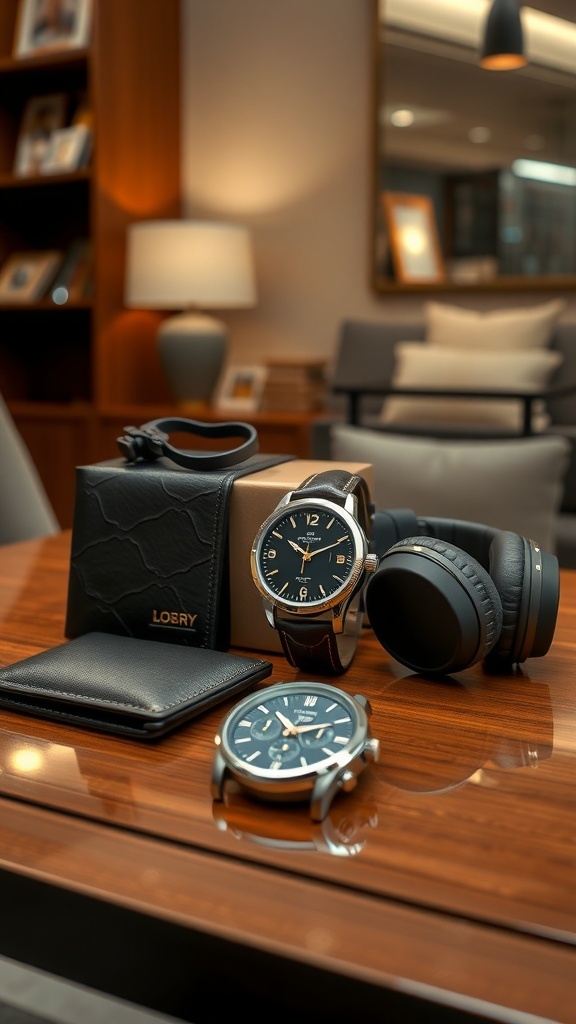 An elegant assortment of luxury gifts for a wealthy boyfriend, including a watch, wallet, and headphones.